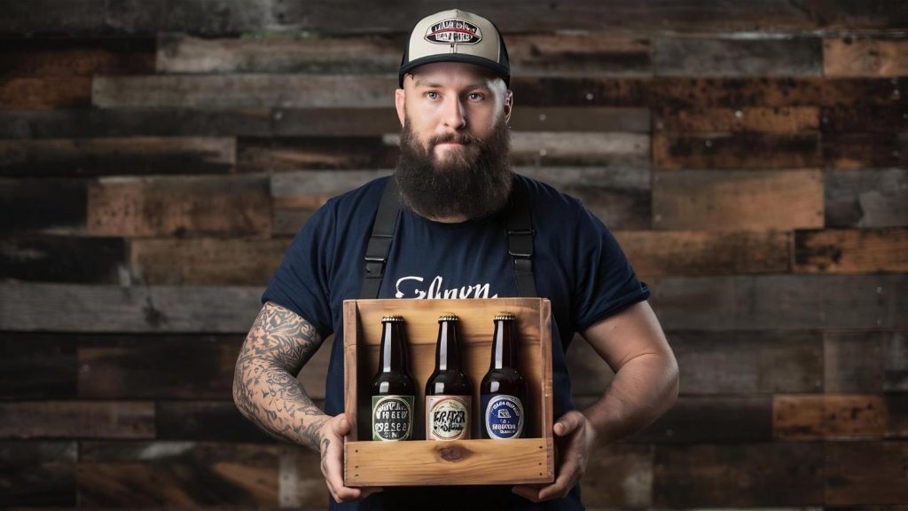 Bearded man wearing branded cap and holding packaged products, representing lifestyle branding through custom headwear