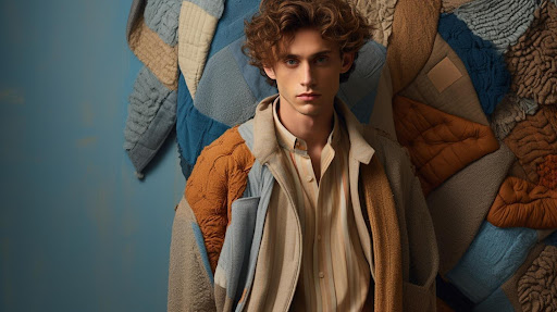 Man wearing layered neutral garments highlighting texture and modern menswear styling